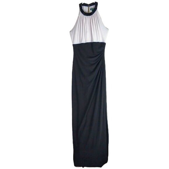 Lauren Ralph Lauren Evening Womens Maxi Gown Dress Colorblock Size 2 Beaded Neck - Picture 1 of 10